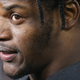 Quarterback Lamar Jackson #8 of the Baltimore Ravens looks on after defeating the San Francisco 49ers on Dec. 1, 2019 in Baltimore.